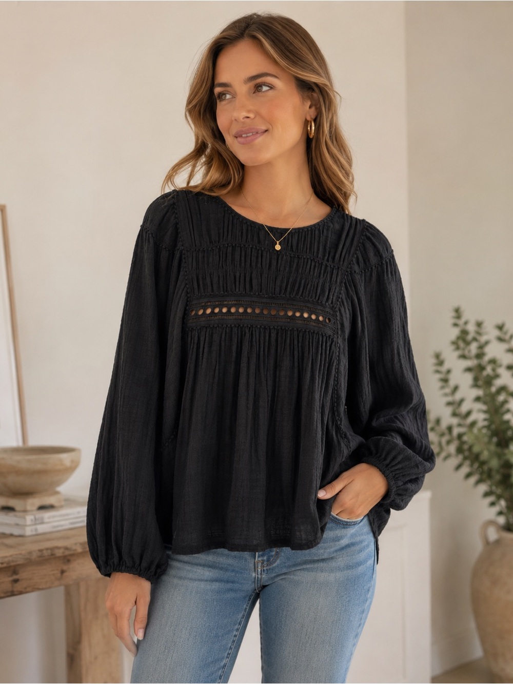 Max Studio London Womenâs Black Boho Peasant Blouse Long Sleeve Textured Size S